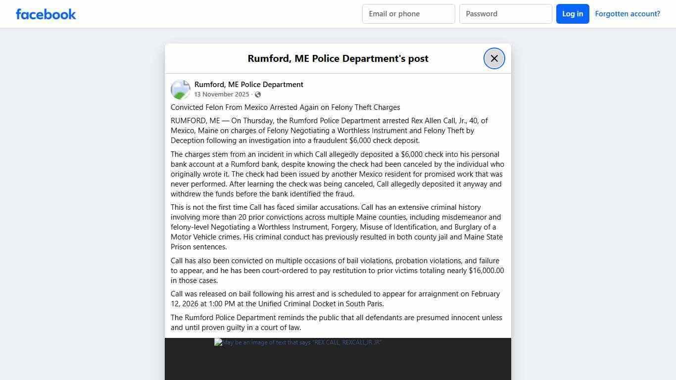Convicted Felon From... - Rumford, ME Police Department | Facebook